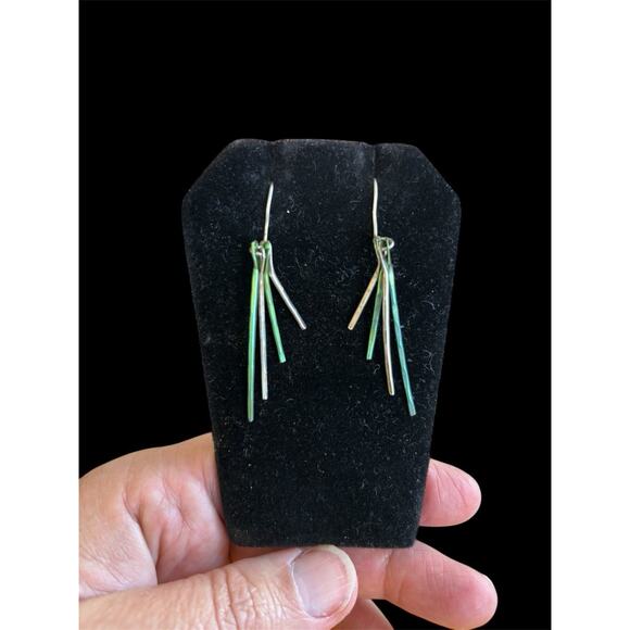 Sterling Silver & Green Fringe Dangle Earrings 925 - Picture 4 of 4